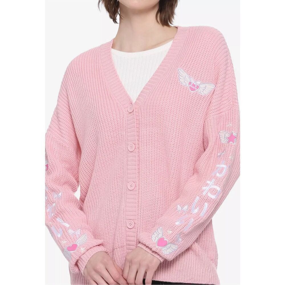 Hot Topic Women’s Medium Kawaii Wings Embroidered Cardigan Sweater Pink Button